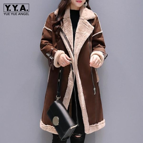 

winter long motorcycle lambswool suede spliced woolen coat women vintage long sleeve warm outerwear office lady elegant overcoat, Tan;black
