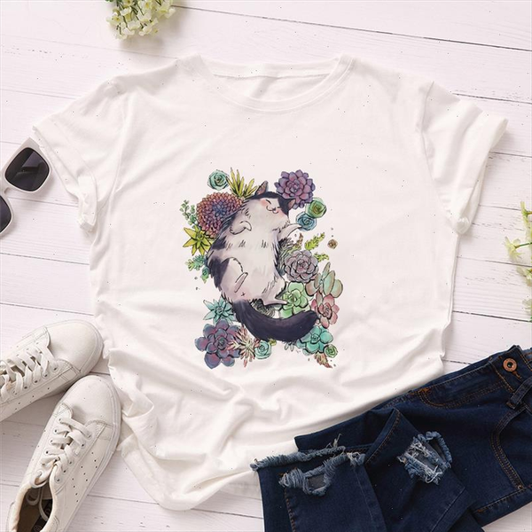 

2021 summer women t shirts short sleeve casual cute kawaii cat flower print graphic t shirt girls ladies clothes soft, White