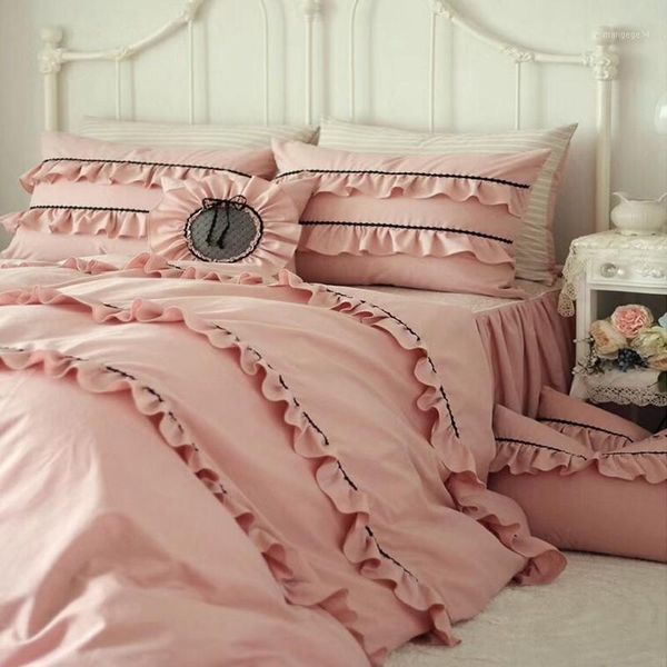 

korean pure cotton solid color pink bedding set 4pcs full  size ruffles flounce princess bed skirt yw1