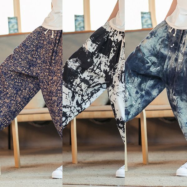 

chinese summer new trend loose cotton hemp printing casual large crotch harem pants man lantern pants lantern pantscotton linen bloomers hbi, Blue