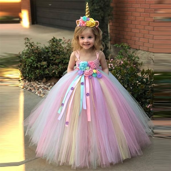 

girls unicorn flower tutu kids crochet tulle strap ball gown + headwear 2pcs children party costume dress y200102, Red;yellow