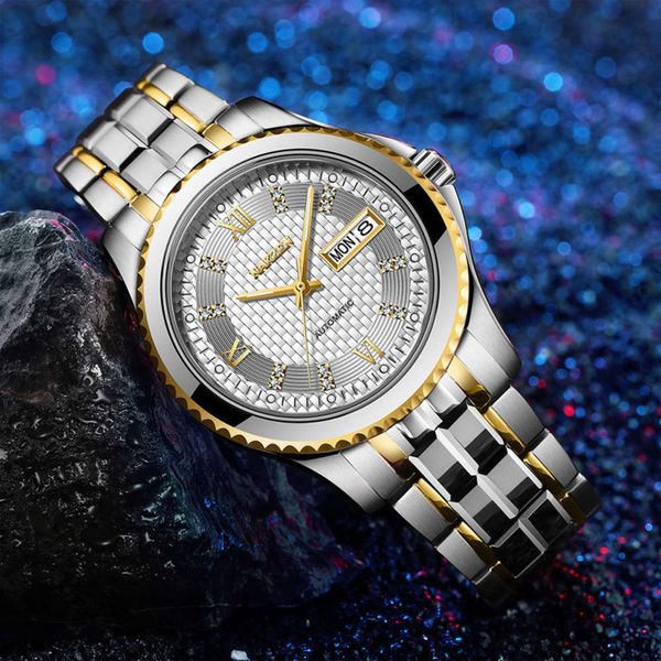 

waterproof double calendar japanese mechanical movement 50m blue glass tungsten steel strap men's watch ss6044g 2021z02p, Slivery;brown