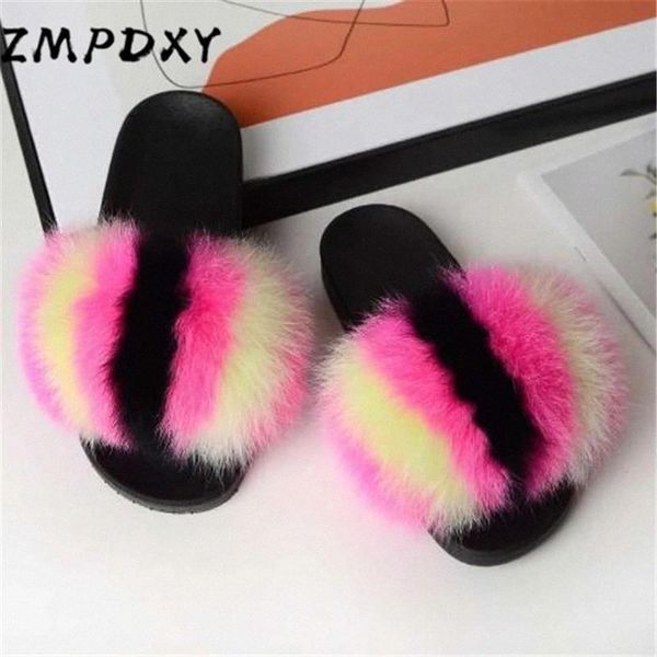 

women's raccoon fur slides kids/children's real fox fur slippers fluffy open toe sandals girl beach plush flip flops furry shoes #, Black