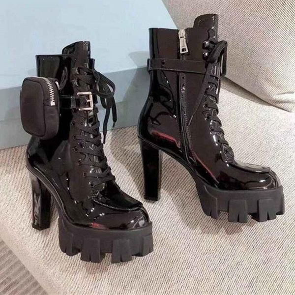 

boots 2021 women genuine leather pocket chunky heel platform shoes tactical motorcycle round toe lace up british style, Black