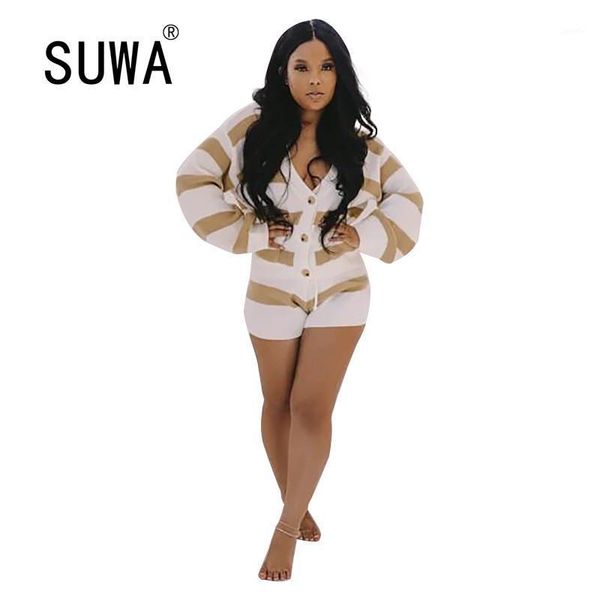 

yellow white striped patchwork knitted suits women clothes 2020 v neck long sleeve sweater and slim fit short two piece sets1, Gray