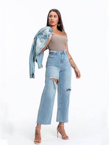 

high waisted ripped detail palazzo jeans n1vi#, Blue