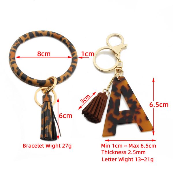 

keychain bracelet tassel classic leopard print a-z initial acetate pendant bangle exaggerated big round keyrings wrist strap, Silver