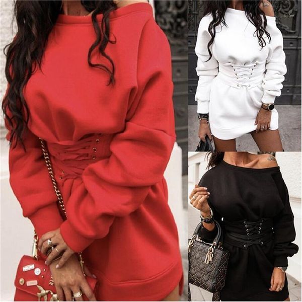 

women mini dress fall winter fashion casual o neck high waist long sleeve lace up black white sweatshirt dresses1, Black;gray