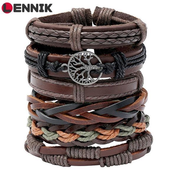 

LENNIK 6pcs Vintage Men's Leather Bracelet Charm Multilayer Braided Woven Men Bracelet Pulseira Masculina Jewelry Bangles A68, Golden;silver