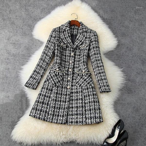

high street 2020 fall winter designer coat women's notched collar plaid tweed overcoat1, Black