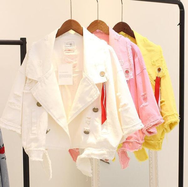 

2020 autumn new fashion jean jacket womens ribbons holes denim coat girls students casual loose short jeans coats outwear1, Black;brown