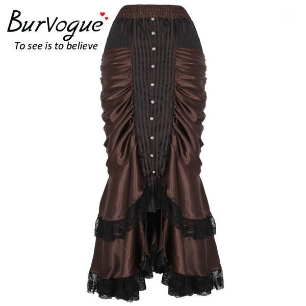 

burvogue women's brown gothic steampunk long maxi skirt victorian vintage party ruffled satin skirts plus size1, Black