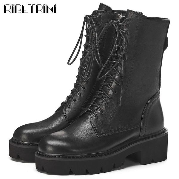 

boots ribetrini brand design high-quality genuine leather chunky heels shoelaces cow skin work ankle booties women shoes, Black