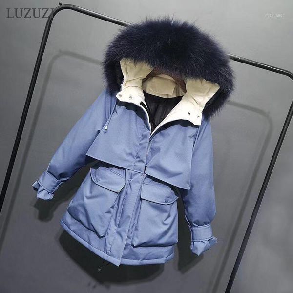

luzuzi large natural real fur hooded winter down jacket female 90% white duck down thick women parkas warm sash tie up snow coat1, Black
