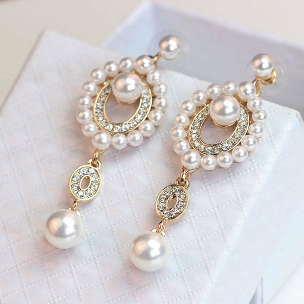 

new fashion women rhinestone pearl long wedding bridal party drop stud earrings for women imitation pearl clip earring wedding, Silver