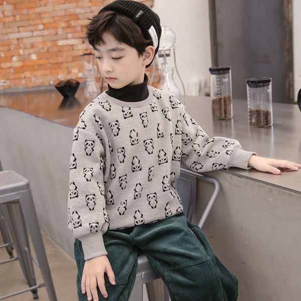 

panda jacquard boys' collar double plush thickened sweater, Black