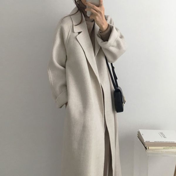 

aachoae women elegant long wool coat with belt solid color long sleeve chic outerwear ladies overcoat autumn winter 2020 q1219, Black
