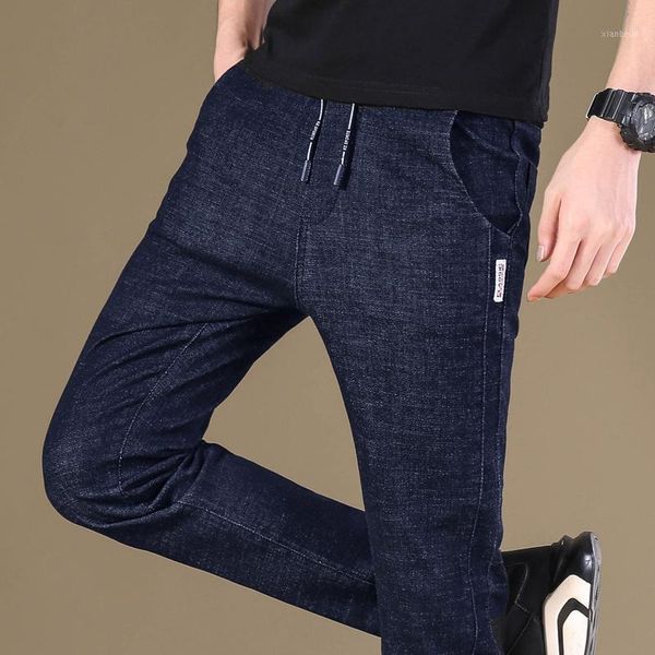 

tide autumn fashion men business casual skinny jeans classic solid color male slim stretch cotton denim pants trousers1, Blue
