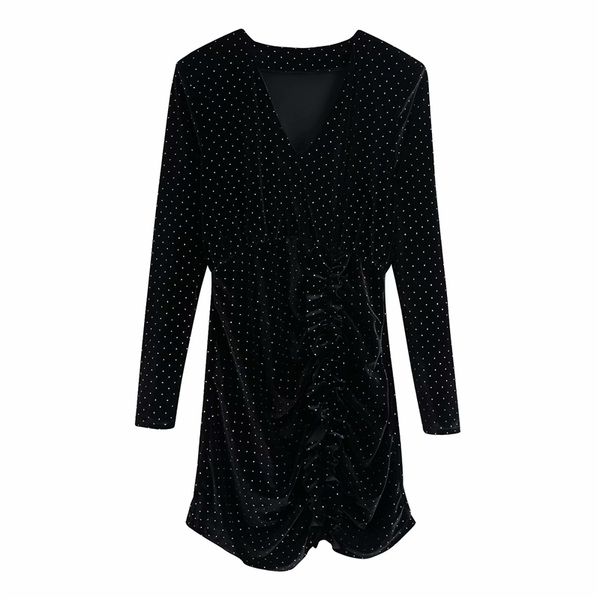 

2021 new elegant women siery dot slim es fashion ladies draped ruffles veet female chic v-neck mini vestidos scej, Black;gray
