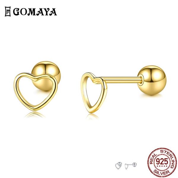 

stud gomaya real 925 sterling silver romantic hollow simple heart classic earrings for women tiny earring birthday fine jewelry, Golden;silver