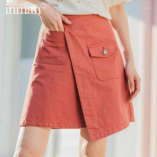 

inman 2020 summer new arrival literary pure cotton irregular high waist pure color temperament a-line skirt1, Black