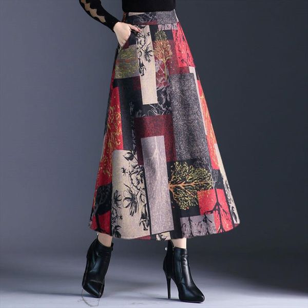 

autumn winter a line long skirts womens maxi skirt female high waist warm wool skirt elegant office lady printing plaid, Black