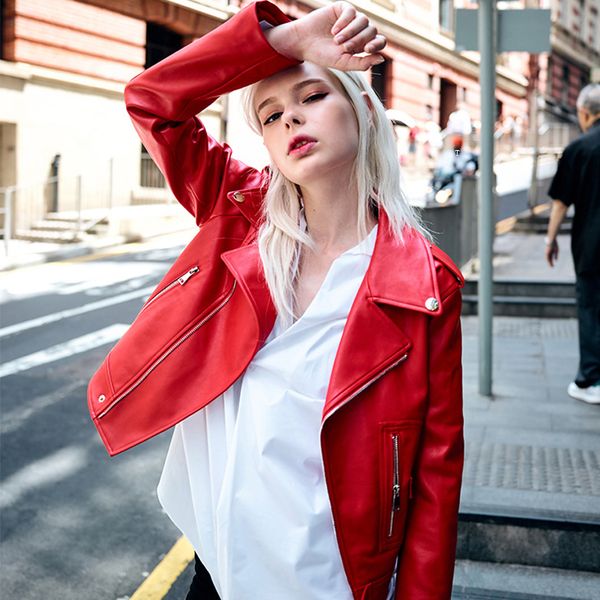 

2021 new women long sleeve turn-down collar red faux jacket high street slim moto biker leather coat p1fo, Black