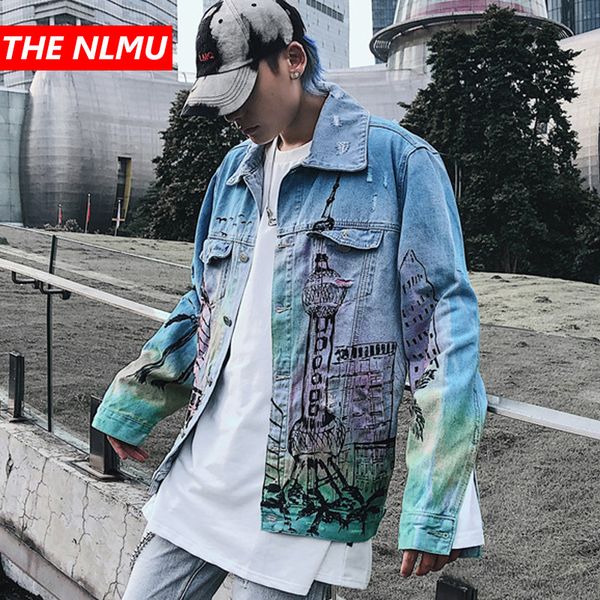 

vintage denim jacket men graffiti hole hip hop jeans jackets streetwear fashion 2019 creative printing denim coats wg496 c1108, Black;brown