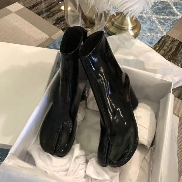 

boots botines mujer 2021 chunky high heel short ankle for woman square toe black patent leather rain luxury tabi bottes1