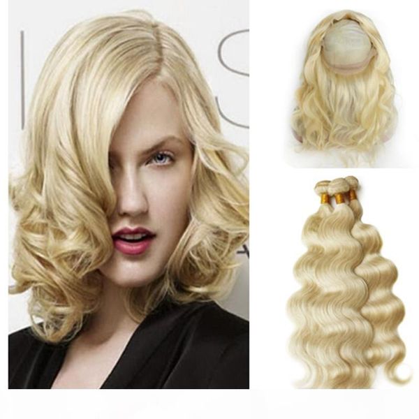 

blonde #613 body wave hair bundles with 360 lace band frontal russian #613 european human virgin hair weaves with 360 lace frontal closure, Black;brown