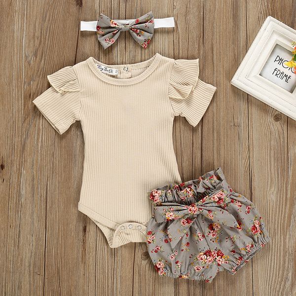 

3pcs baby girl clothes summer solid color cotton short sleeve romper flower pants headband outfits set newborn infant clothing 1021, White