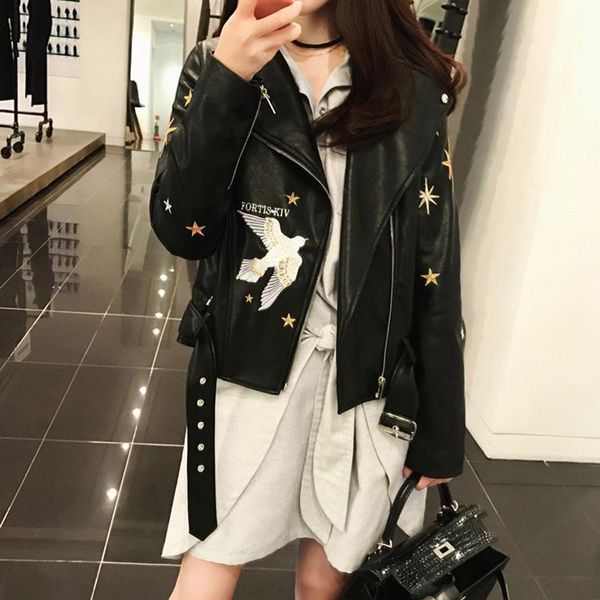 

2019 fashion women leather autumn pu famale zipper jackets new spring women casual motorcycle embroidery leather jackets n8121, Black