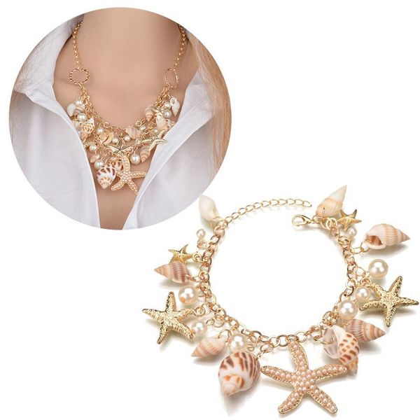 

chains summer beach necklace for women starfish conch pearl shell multielement ladies pendant holiday accessories gift, Silver