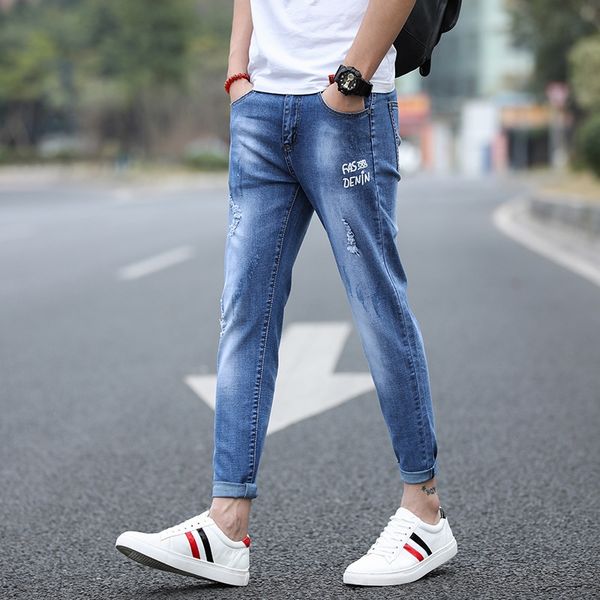 

spring ankle-length jeansjeans and jeansand summer men's jeans korean slim legged pants student trend versatile fashion hole cropped pa, Blue