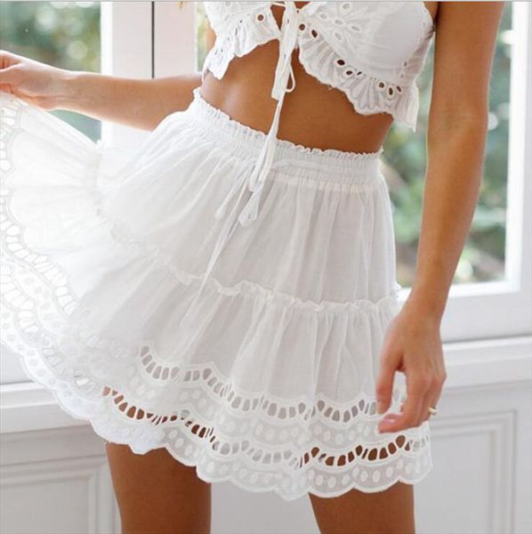

a line high waist women skirt white embroidery cotton mini skirts 2020 casual loose ruffle beach summer skirt female, Black