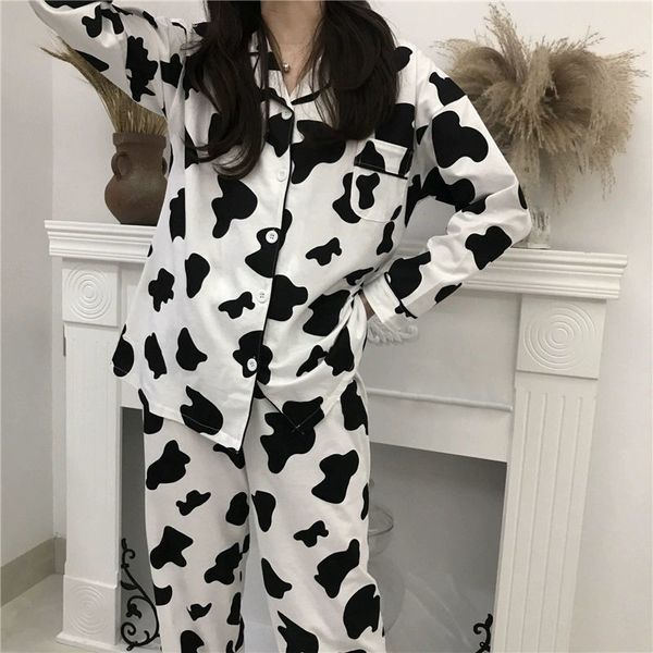 

cow print pajamas for women cotton home suit sleepwear set winter pyjamas women homewear pijama mujer home clothes for women 201109, Black;red