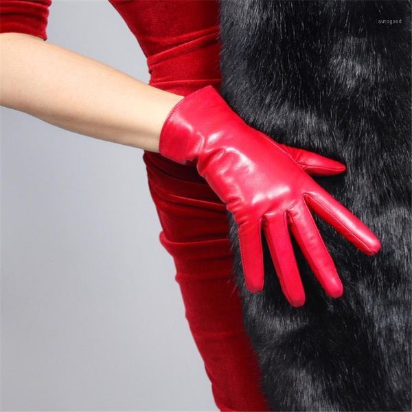 

five fingers gloves genuine leather 25cm short paragraph pure imported goatskin red female models thin velvet lined h-s001931, Blue;gray