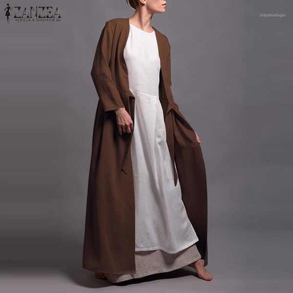 

zanzea women long shirt ladies blouse 2019 autumn winter side pockets long cardigans cotton solid open front vintage tunic 1, White