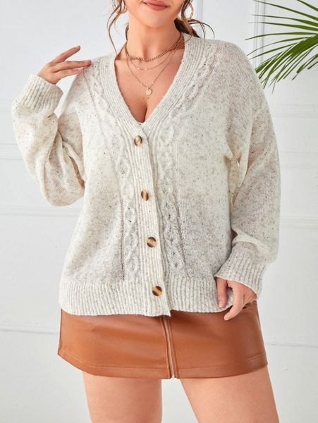 

plus cable knit drop shoulder cardigan 54uj#, Black