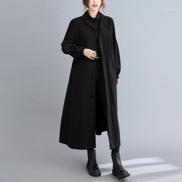 

superaen solid slim turn down collar windshield mid-length all match loose long casual jacket women coats1, Tan;black