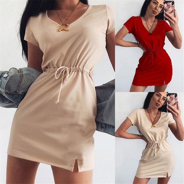 

spring split womens dresses v neck short sleeve slim ladies dresses casual solid color female clothing, Black;gray