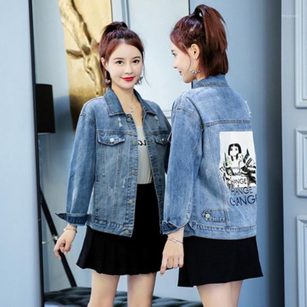 

2020 autumn jeans jacket fashion printing women denim broken loose jackets women basic coats streetwear elegant jaqueta feminina1, Black;brown