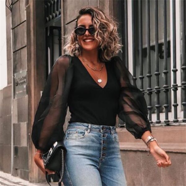 

women deep v neck black blouse patchwork transparent sleeve stretchy shirt female chic stylish blusas lj200811, White