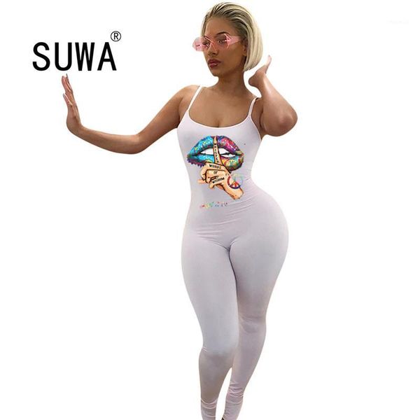 

tie dye mouth prints summer women romper 2020 new arrival high waist skinny jumpsuit spaghetti strap overalls one piece outfits1, Black;white