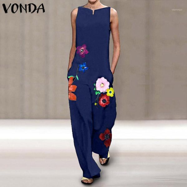 

womens jumpsuits 2020 v neck sleeveless printed playsuits vonda plus size wide leg pants casual overalls femme rompers1, Black;white