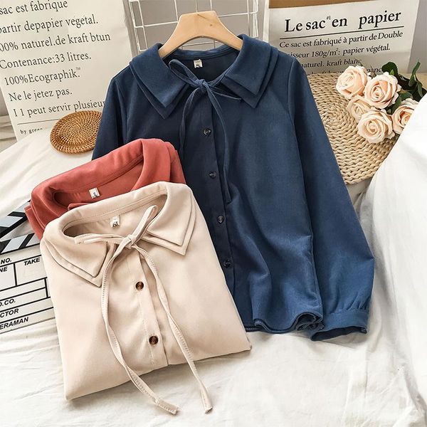 

ebaihui women shirs 2021 new autumn winter vintage long puff sleeved blouse retro preppy style doll collar famale bow, White