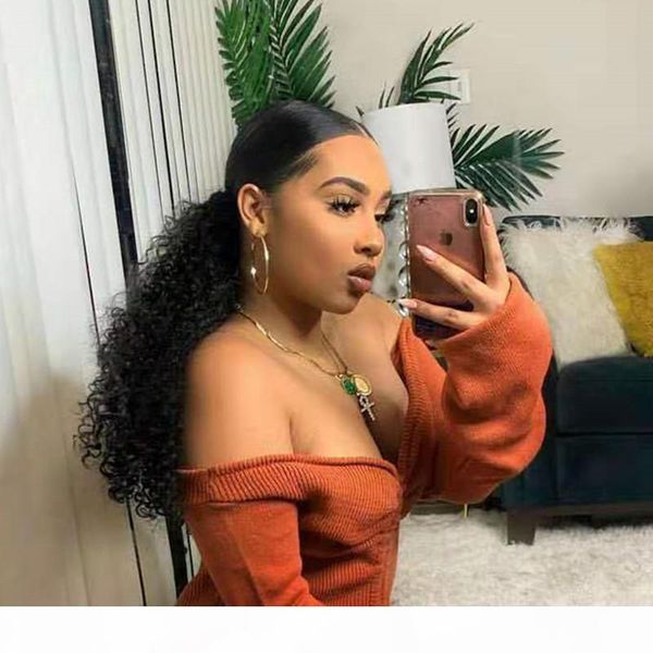 

afro kinky curly hairs updo wrap human hair drawstring high puff ponytail hair extension afro bun for natural hair afro puff ponytails 140g, Black