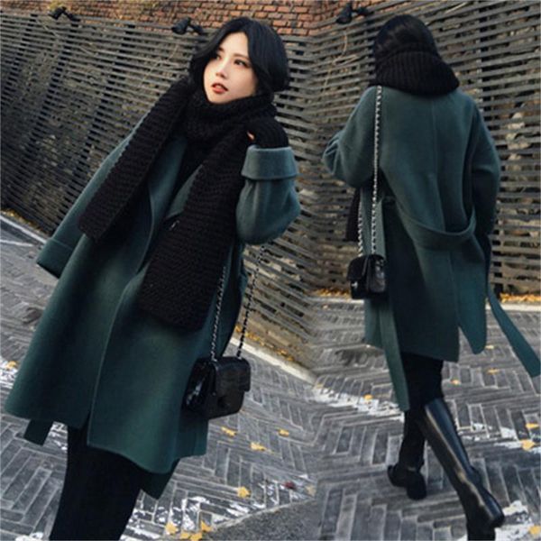 

women's female section new hepburn wind autumn and winter long woolen coat ladies loose wild trend, Black