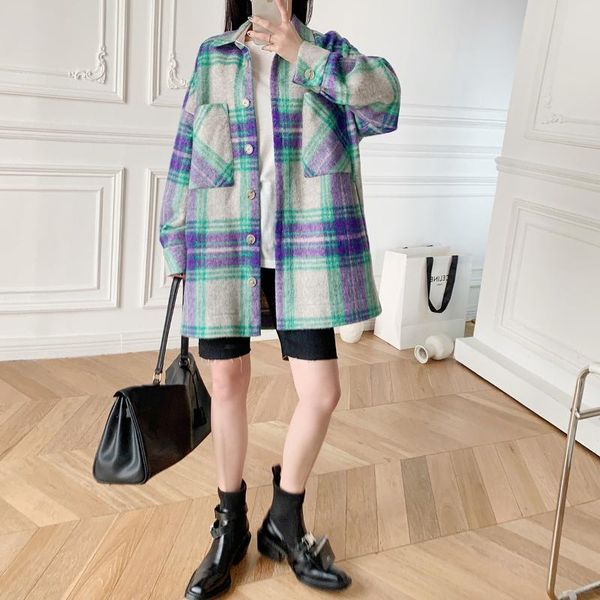 

women's coat new loose plaid long coat single-breasted woolen, Black