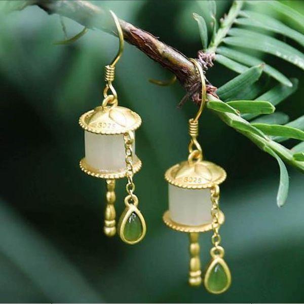 

new silver inlaid natural hetian white jade earrings chinese style retro minority design charming women's brand jewelry